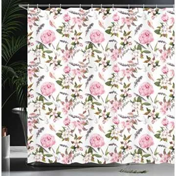 Ambesonne Flower Shower Curtain, Apple and Cherry Flowers and Blossoms with Feathers Shabby Style of Classical Botanic Retro Artwork, Cloth Fabric Bathroom Set with Hooks, 69" W x 70" L, Pink Green