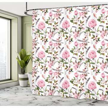 Ambesonne Flower Shower Curtain, Apple and Cherry Flowers and Blossoms with Feathers Shabby Style of Classical Botanic Retro Artwork, Cloth Fabric Bathroom Set with Hooks, 69" W x 70" L, Pink Green