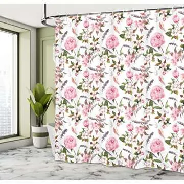 Ambesonne Flower Shower Curtain, Apple and Cherry Flowers and Blossoms with Feathers Shabby Style of Classical Botanic Retro Artwork, Cloth Fabric Bathroom Set with Hooks, 69" W x 70" L, Pink Green
