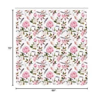 Ambesonne Flower Shower Curtain, Apple and Cherry Flowers and Blossoms with Feathers Shabby Style of Classical Botanic Retro Artwork, Cloth Fabric Bathroom Set with Hooks, 69" W x 70" L, Pink Green