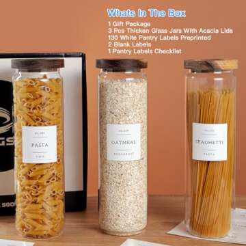 3 Set Glass Pantry Storage Jars with Acacia Airtight Lid - 50oz Thicken Glass Kitchen Canisters with...