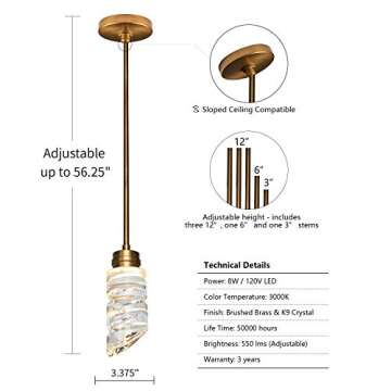 MOTINI 1-Light Cylinder Crystal Pendant Light in Gold Brushed Brass Finish LED Modern Ceiling Hanging Glass Pendant Lighting Fixtures for Kitchen Island Bedroom Dining Room Bar