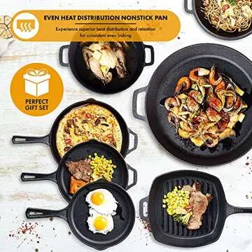 Bruntmor Pre-Seasoned Cast Iron Cookware Set - 8-Piece Bundle with Skillets, Grill Pan, Dutch Oven, ...