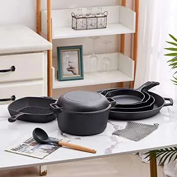 Bruntmor Pre-Seasoned Cast Iron Cookware Set - 8-Piece Bundle with Skillets, Grill Pan, Dutch Oven, Pizza Pan, and Utensils - Durable Pots and Pans Set for Cooking - Ideal Gift for Home or Camping