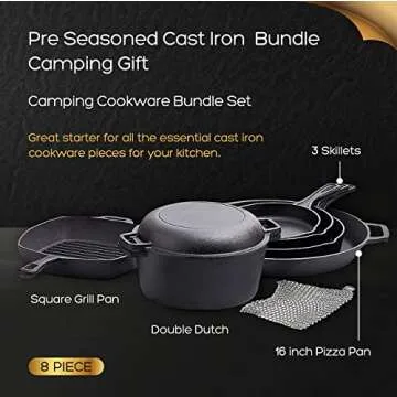 Bruntmor Pre-Seasoned Cast Iron Cookware Set - 8-Piece Bundle with Skillets, Grill Pan, Dutch Oven, Pizza Pan, and Utensils - Durable Pots and Pans Set for Cooking - Ideal Gift for Home or Camping