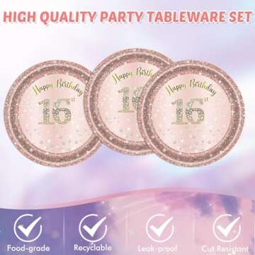 16th Birthday Decorations for Girls Rose Gold Sweet 16 Birthday Party Decoration for Her 16th Happy Birthday Plates and Napkins Tablecloth Decoration for Girls