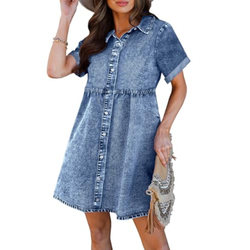 Luvamia Women Casual Denim Babydoll Dress Short Sleeve Button Down Short Jean Dress in Reef Blue Siz...
