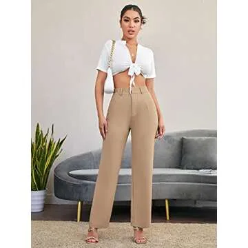 SweatyRocks Women's Elegant High Waist Solid Long Pants Office Trousers Khaki S
