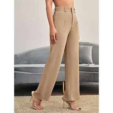 SweatyRocks Women's Elegant High Waist Solid Long Pants Office Trousers Khaki S
