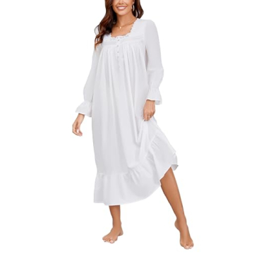 AVIIER 100% Cotton Nightgowns for Women Long Sleeve House Dress Ladies Sleepwear with Pockets White ...