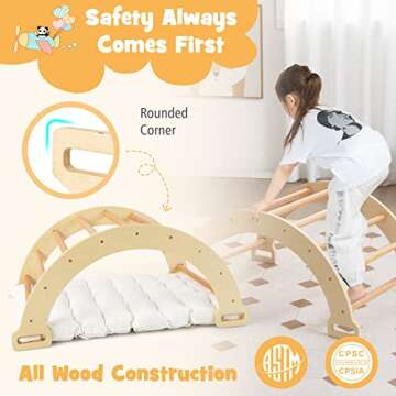 Costzon Wooden Arch Rocker with Cushion, 3-in-1 Montessori Climbing Toys for Toddlers, Children Indo...