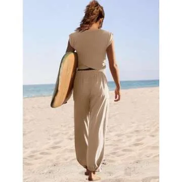 LAMISSCHE Womens Loungewear Set 2 Piece Outfits Sets Cropped Tops and Wide Leg Pants with Pockets Tracksuit(Khaki,M)