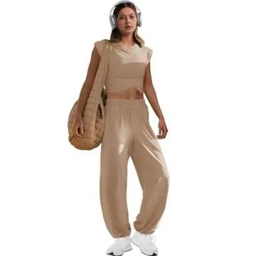 LAMISSCHE Womens Loungewear Set 2 Piece Outfits Sets Cropped Tops and Wide Leg Pants with Pockets Tracksuit(Khaki,M)