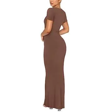 REORIA Women's Summer Sexy Casual Lounge Long Dress Elegant Wedding Guest Short Sleeve Crew Neck Bodycon Maxi Dresses Coffee X-Small
