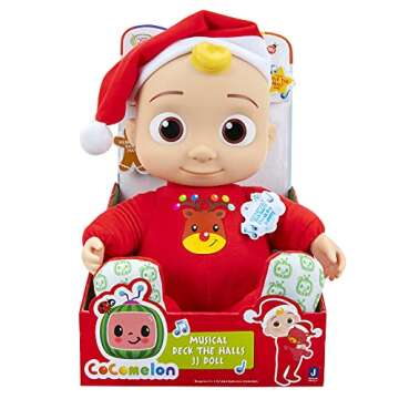 Cocomelon Musical Deck The Halls JJ Doll - Includes JJ Roto Doll with Santa Hat - Festive Doll with Activated Sounds- Toys for Preschoolers