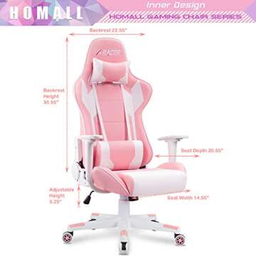 Homall Gaming Chair, Office Chair High Back Computer Chair Leather Desk Chair Racing Executive Ergonomic Adjustable Swivel Task Chair with Headrest and Lumbar Support (Pink)
