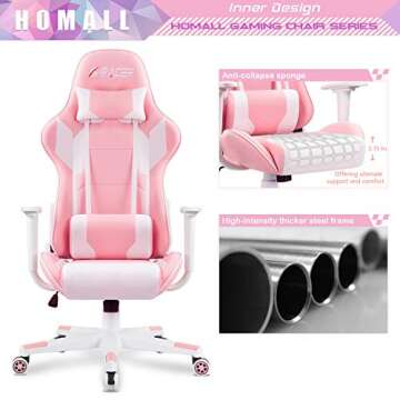Homall Gaming Chair, Office Chair High Back Computer Chair Leather Desk Chair Racing Executive Ergonomic Adjustable Swivel Task Chair with Headrest and Lumbar Support (Pink)