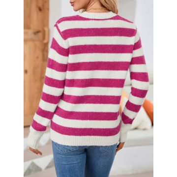 Dokotoo Sweaters for Women Trendy Crew Neck Striped Color Block Casual Loose Fall Outfits Knitted Tops Lightweight Cute Pull Over Wool Long Length Ladies Holiday Pullover Sweater Pink Medium