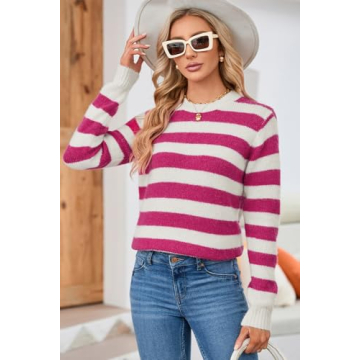 Dokotoo Sweaters for Women Trendy Crew Neck Striped Color Block Casual Loose Fall Outfits Knitted Tops Lightweight Cute Pull Over Wool Long Length Ladies Holiday Pullover Sweater Pink Medium