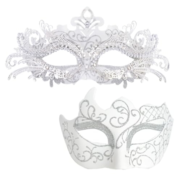 MYSEUNI White Masquerade Mask for Couples - Shiny Rhinestone Filigree Metal Venetian Mask & Mens Vin...