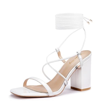 Elisabet Tang Women's Strappy Chunky Heels Sandals - Lace Up 3" Low Block Heels, Square Open Toe, Wh...