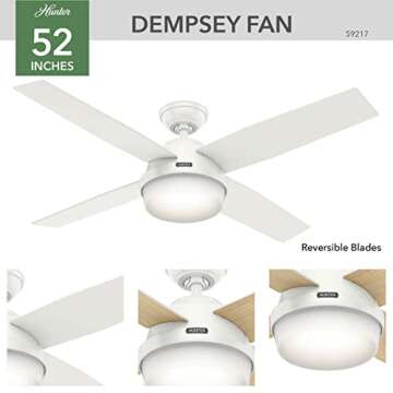 Hunter Fan Company Dempsey 52-inch Indoor Fresh White Modern Ceiling Fan With Bright LED Light Kit, ...