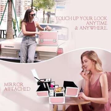 Joligrace Makeup Train Case Cosmetic Box 11.8 Inches Jewelry Organizer Professional 3 Tiers Trays with Mirror and Brush Holder Lockable Key Portable Travel Mermaid Pink