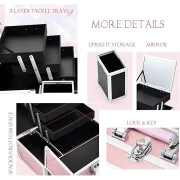 Joligrace Makeup Train Case Cosmetic Box 11.8 Inches Jewelry Organizer Professional 3 Tiers Trays with Mirror and Brush Holder Lockable Key Portable Travel Mermaid Pink