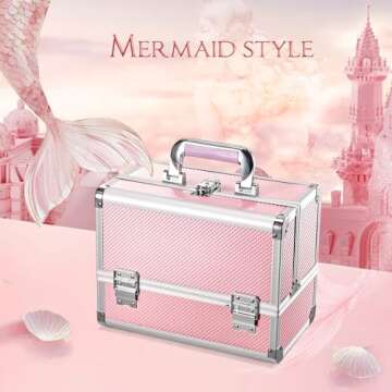 Joligrace Makeup Train Case Cosmetic Box 11.8 Inches Jewelry Organizer Professional 3 Tiers Trays with Mirror and Brush Holder Lockable Key Portable Travel Mermaid Pink