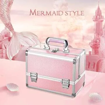 Joligrace Makeup Train Case Cosmetic Box 11.8 Inches Jewelry Organizer Professional 3 Tiers Trays with Mirror and Brush Holder Lockable Key Portable Travel Mermaid Pink