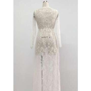 ZIUMUDY Sexy Deep V-Neck Long Sleeve Lace Beach See-Through Maternity Maxi Dress (Small, White)