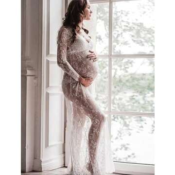 ZIUMUDY Sexy Deep V-Neck Long Sleeve Lace Beach See-Through Maternity Maxi Dress (Small, White)