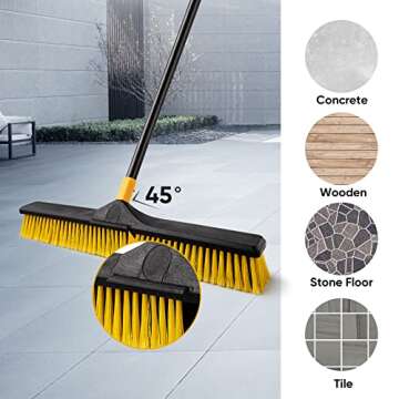 Yocada 24 inch Push Broom Brush 65.3 inch Long Handle Stiff Bristles Heavy-Duty Outdoor Commercial Broom for Cleaning Bathroom Kitchen Patio Garage Deck Concrete Wood Stone Tile Floor