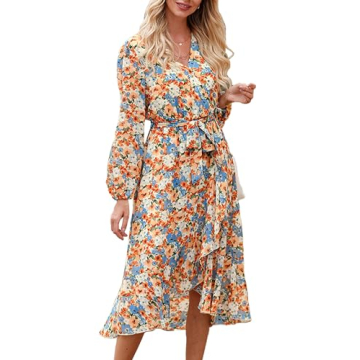 PRETTYGARDEN Women's Floral Print Boho Dress Long Sleeve Wrap V Neck Ruffle Belted A-Line Flowy Maxi...