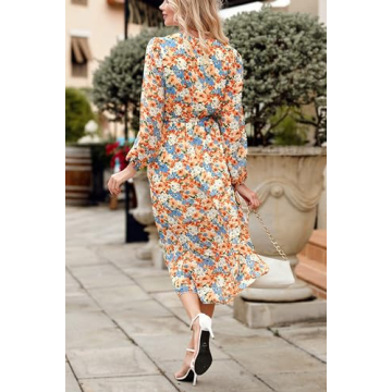 PRETTYGARDEN Women's Floral Print Boho Dress Long Sleeve Wrap V Neck Ruffle Belted A-Line Flowy Maxi Dresses (Floral Yellow,X-Large)