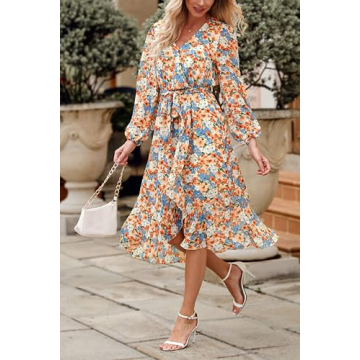 PRETTYGARDEN Women's Floral Print Boho Dress Long Sleeve Wrap V Neck Ruffle Belted A-Line Flowy Maxi Dresses (Floral Yellow,X-Large)