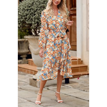 PRETTYGARDEN Women's Floral Print Boho Dress Long Sleeve Wrap V Neck Ruffle Belted A-Line Flowy Maxi Dresses (Floral Yellow,X-Large)