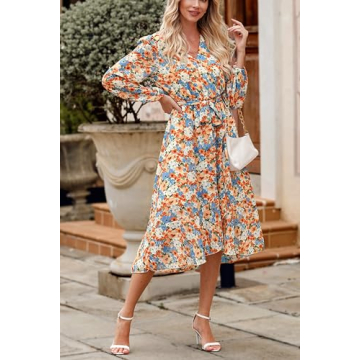 PRETTYGARDEN Women's Floral Print Boho Dress Long Sleeve Wrap V Neck Ruffle Belted A-Line Flowy Maxi Dresses (Floral Yellow,X-Large)