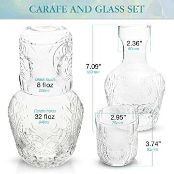 Yungala Bedside Water Carafe and Glass Set Vintage Nightstand Glass Carafe with cup to keep you hydrated during the night or popular mouthwash decanter or small water carafe.