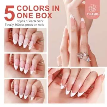 Yilamo French Tip Press on Nails Gel Pink Medium Long Almond Square Shaped Nail Tips Press on Nail F...