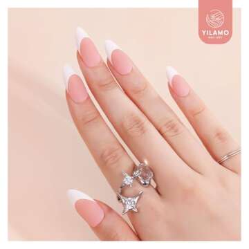 Yilamo French Tip Press on Nails Gel Pink Medium Long Almond Square Shaped Nail Tips Press on Nail Five Colors,15 Sizes,300Pcs,No Need to File Fake Nails for Nail Art DIY Gifts