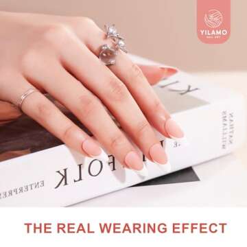 Yilamo French Tip Press on Nails Gel Pink Medium Long Almond Square Shaped Nail Tips Press on Nail Five Colors,15 Sizes,300Pcs,No Need to File Fake Nails for Nail Art DIY Gifts