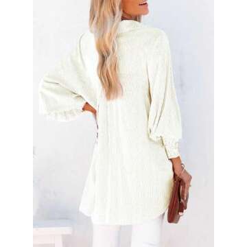 Dokotoo Long Sleeve Shirts for Women Cute Striped V Neck Lantern Sleeve with Smocked Cuffs Button Up...