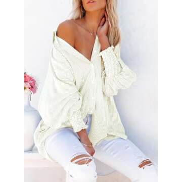 Dokotoo Long Sleeve Shirts for Women Cute Striped V Neck Lantern Sleeve with Smocked Cuffs Button Up Blouses and Tops Dressy Casual Resort Wear for Women 2025 Large Khaki