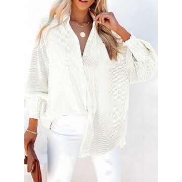 Dokotoo Long Sleeve Shirts for Women Cute Striped V Neck Lantern Sleeve with Smocked Cuffs Button Up Blouses and Tops Dressy Casual Resort Wear for Women 2025 Large Khaki