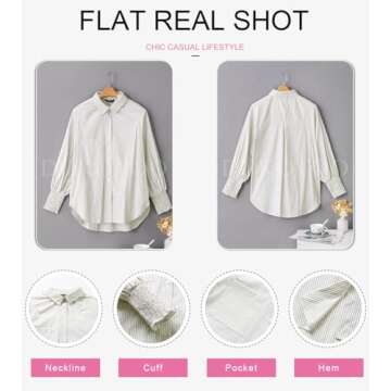 Dokotoo Long Sleeve Shirts for Women Cute Striped V Neck Lantern Sleeve with Smocked Cuffs Button Up Blouses and Tops Dressy Casual Resort Wear for Women 2025 Large Khaki