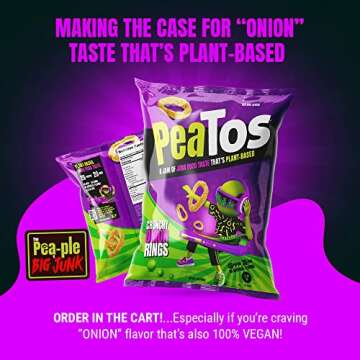 PeaTos® - the Craveworthy upgrade to America's favorite snacks - PeaTos Crunchy Onion Rings in Snack Sized 0.6 oz. Bags (15 pack) full of “JUNK FOOD” flavor and fun WITHOUT THE JUNK. PeaTos are Pea-Based, Plant-Based, Vegan, Gluten-Free, and Non-GMO.