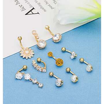 REVOLIA 10 Pcs 14G Stainless Steel Belly Button Rings for Women in Various Styles with CZ and Marble...