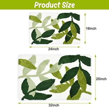 vizoe Bathroom Rugs Non Slip Bath Mat, Fluffy Microfiber Bath Mats Water Absorbent Green Bathroom Rug, Machine Washable Leaves Bath Rugs for Bathroom Floor Shower and Bathtub