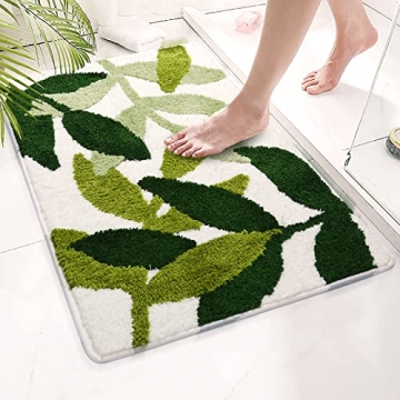vizoe Bathroom Rugs Non Slip Bath Mat, Fluffy Microfiber Bath Mats Water Absorbent Green Bathroom Rug, Machine Washable Leaves Bath Rugs for Bathroom Floor Shower and Bathtub